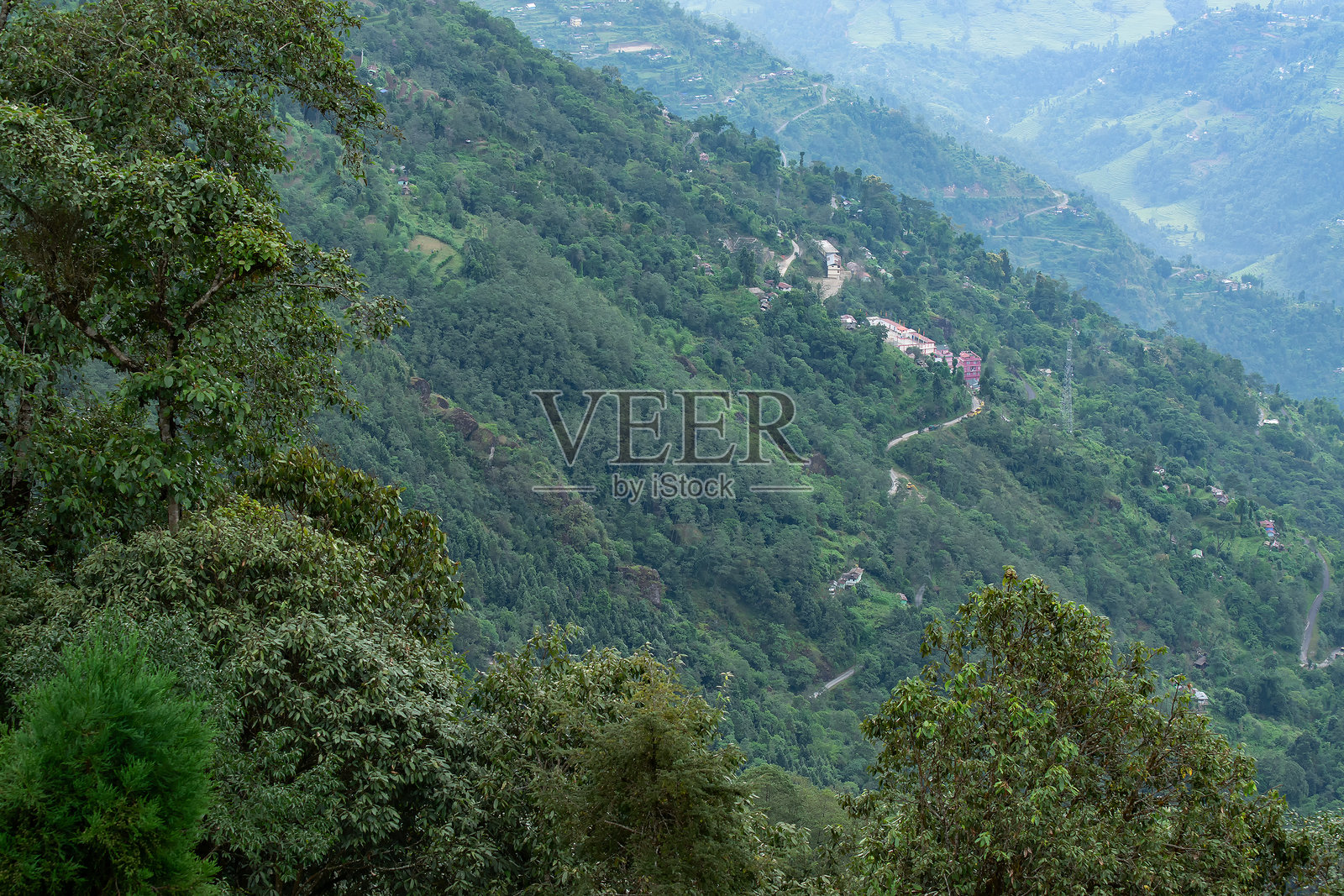 喜马拉雅山脉绿色森林的美丽风景,印度锡金州的奥克雷村。奥克雷村是锡金的一个偏远地方,游客可以在这里享受宁静的喜马拉雅山脉。照片摄影图片