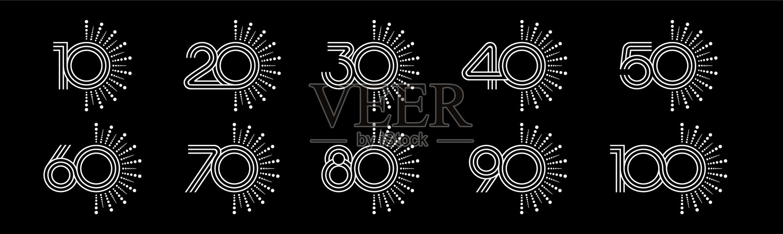 带有烟花的10到100的数字集合矢量插图。插画图片素材