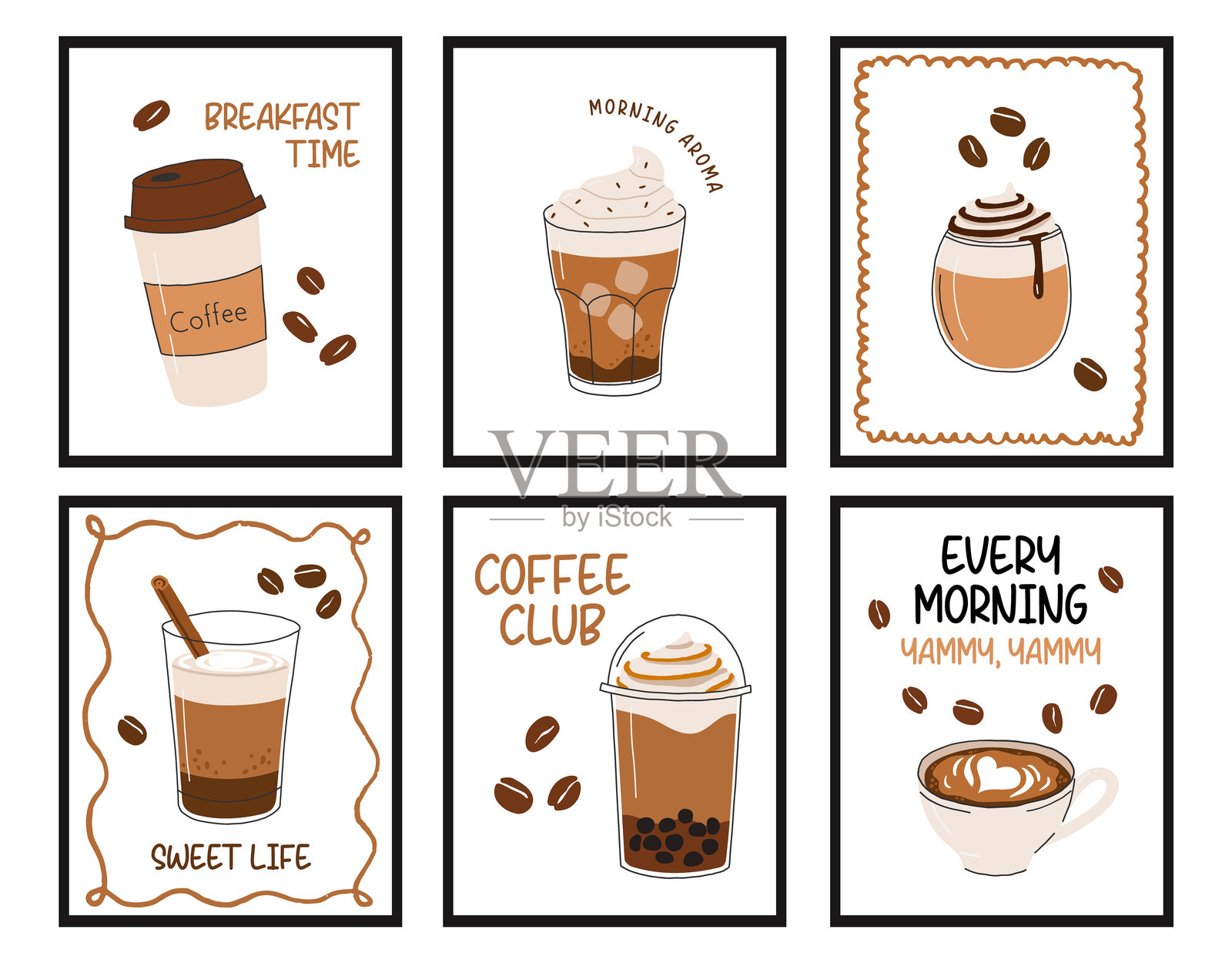 手绘咖啡艺术。时尚。咖啡饮品杯子系列。海报、贴纸、卡片设计。插画图片素材