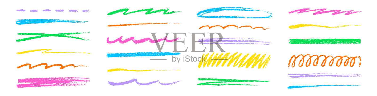 线条蜡笔铅笔下划线颜色套装。手绘的多彩画笔、粉笔和记号笔笔触,呈现出儿童艺术风格的草图。粗糙的蜡笔铅笔纹理突出分隔元素。矢量图。插画图片素材