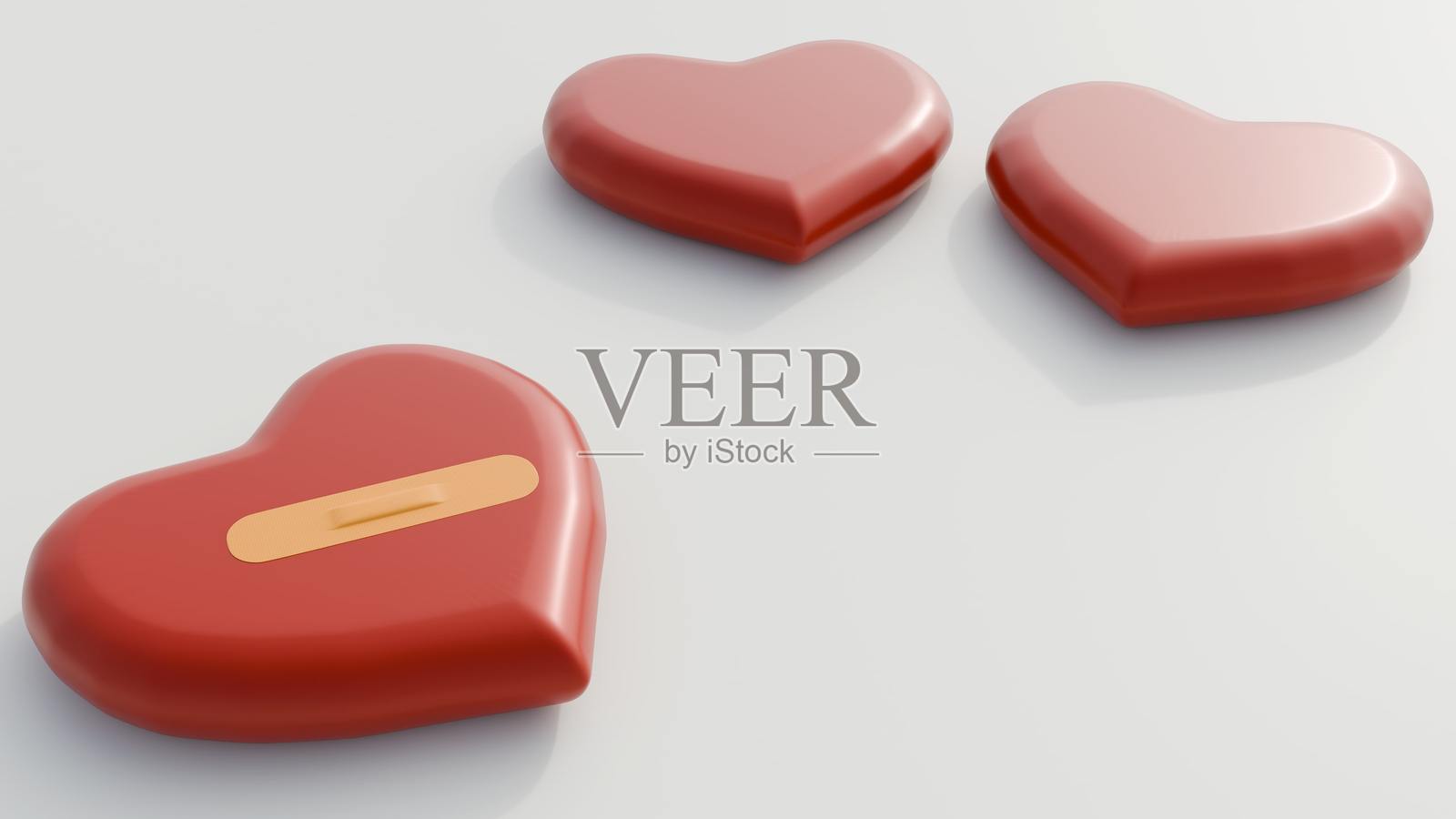 红色心形的3D渲染图和肉色绷带贴片照片摄影图片