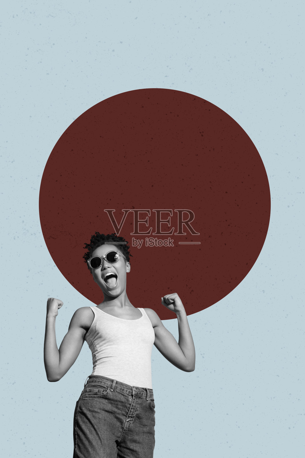 垂直海报艺术拼贴,快乐的男商人和女商人在办公室中,象征职业发展、晋升和成功的概念照片摄影图片