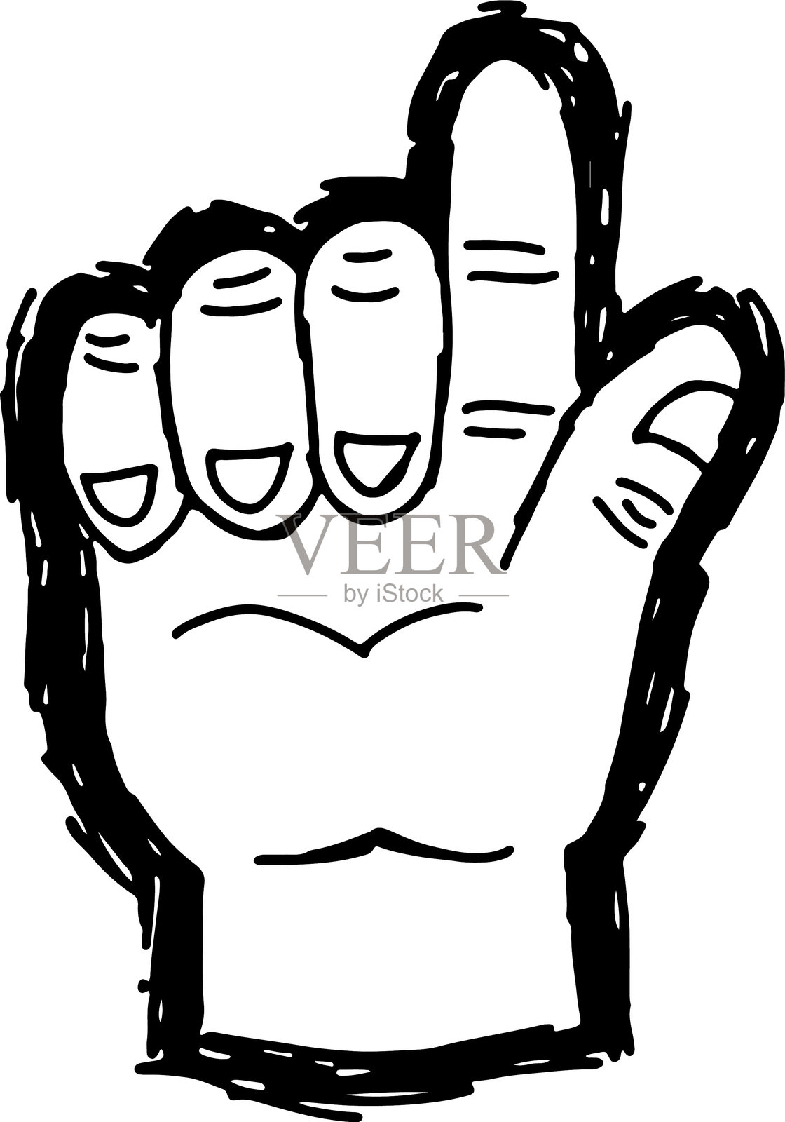 一只手绘的黑线画,男人的手腕向上指,食指伸出。插画图片素材