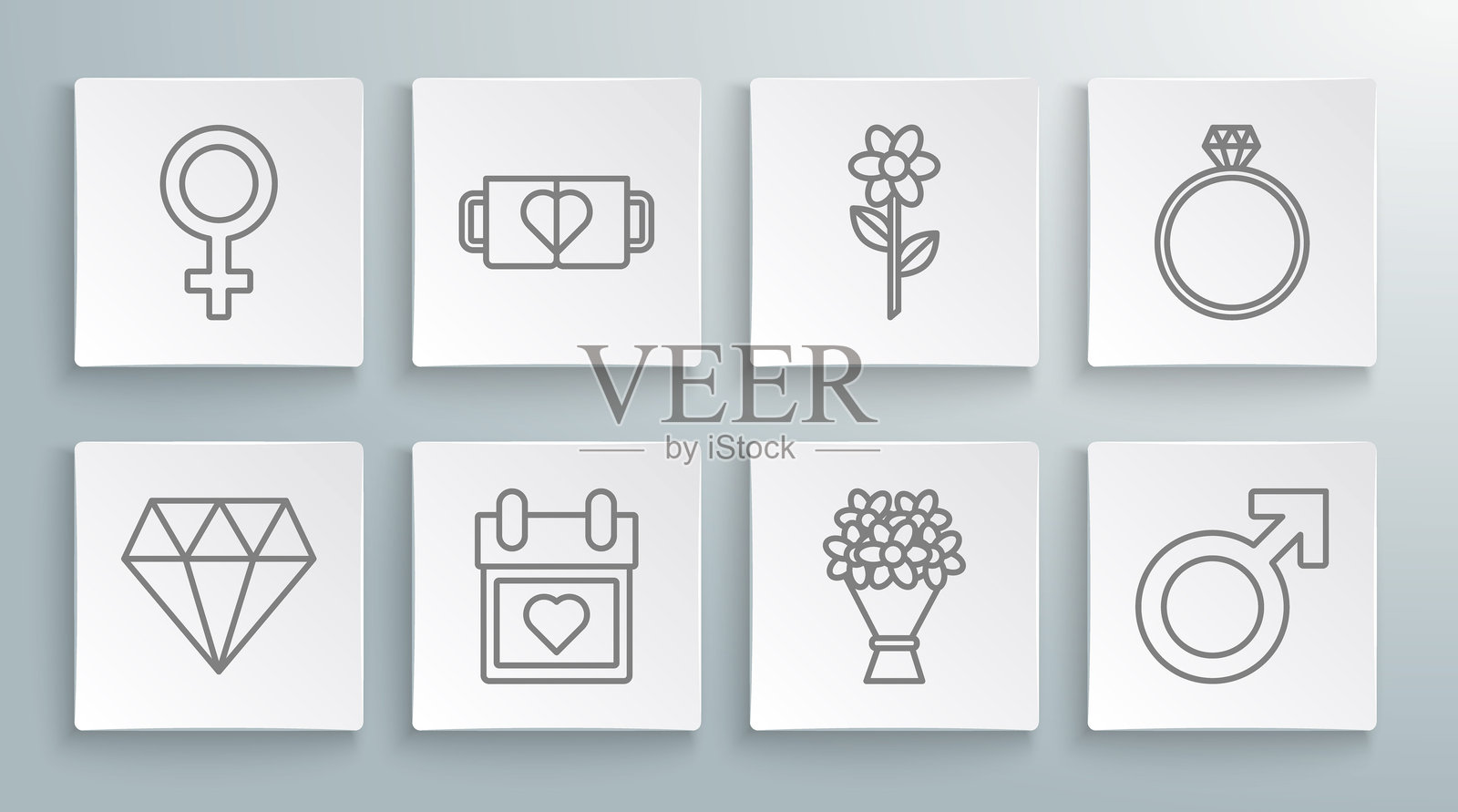 线条钻石、两个咖啡杯和心形、日历、花束、男性性别符号、花朵、订婚戒指和女图标。矢量图。插画图片素材