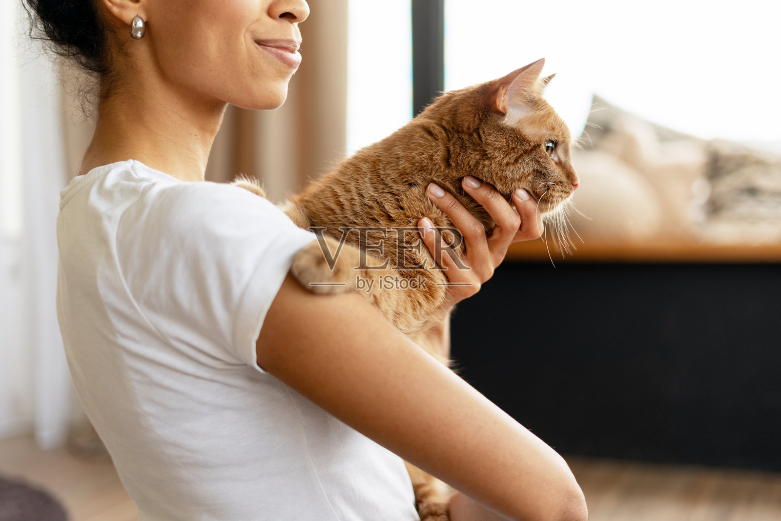 年轻女性温柔地抱着姜猫照片摄影图片