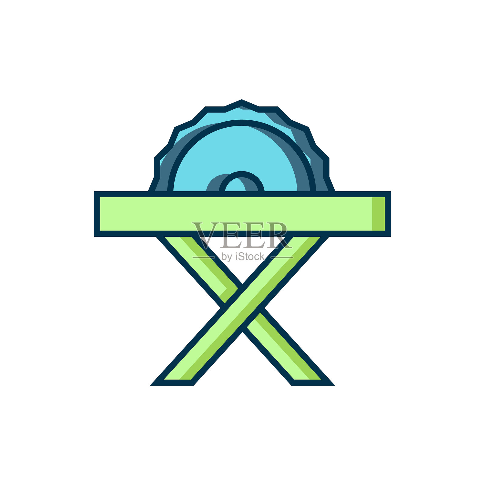 填充轮廓电动圆锯带钢齿圆盘图标,背景为白色。用于切割木材或金属的电动手工具。扁平填充轮廓风格,带阴影。矢量图。插画图片素材