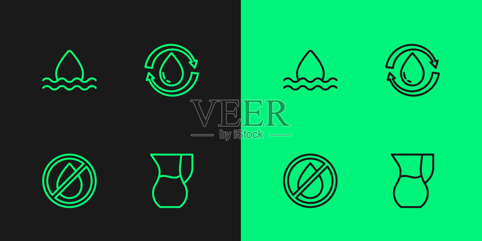 设置线条水杯,里面装有水,禁止水滴,回收清洁水的图标。矢量图。插画图片素材