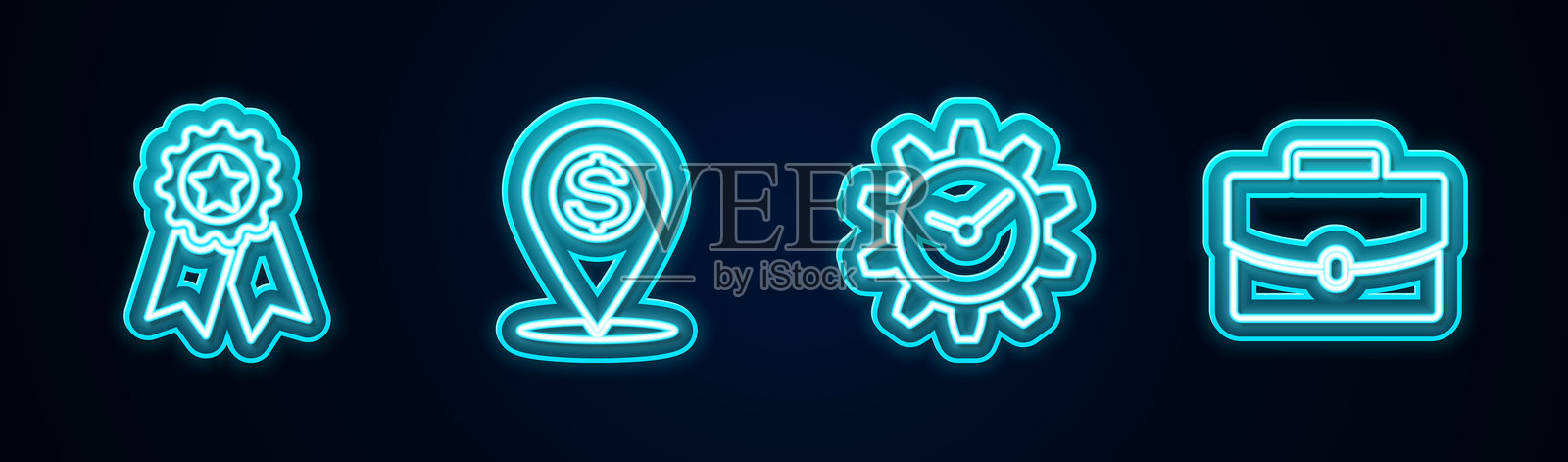 带星星的奖牌,现金位置图标,时间管理和公文包。发光霓虹图标。矢量图。插画图片素材