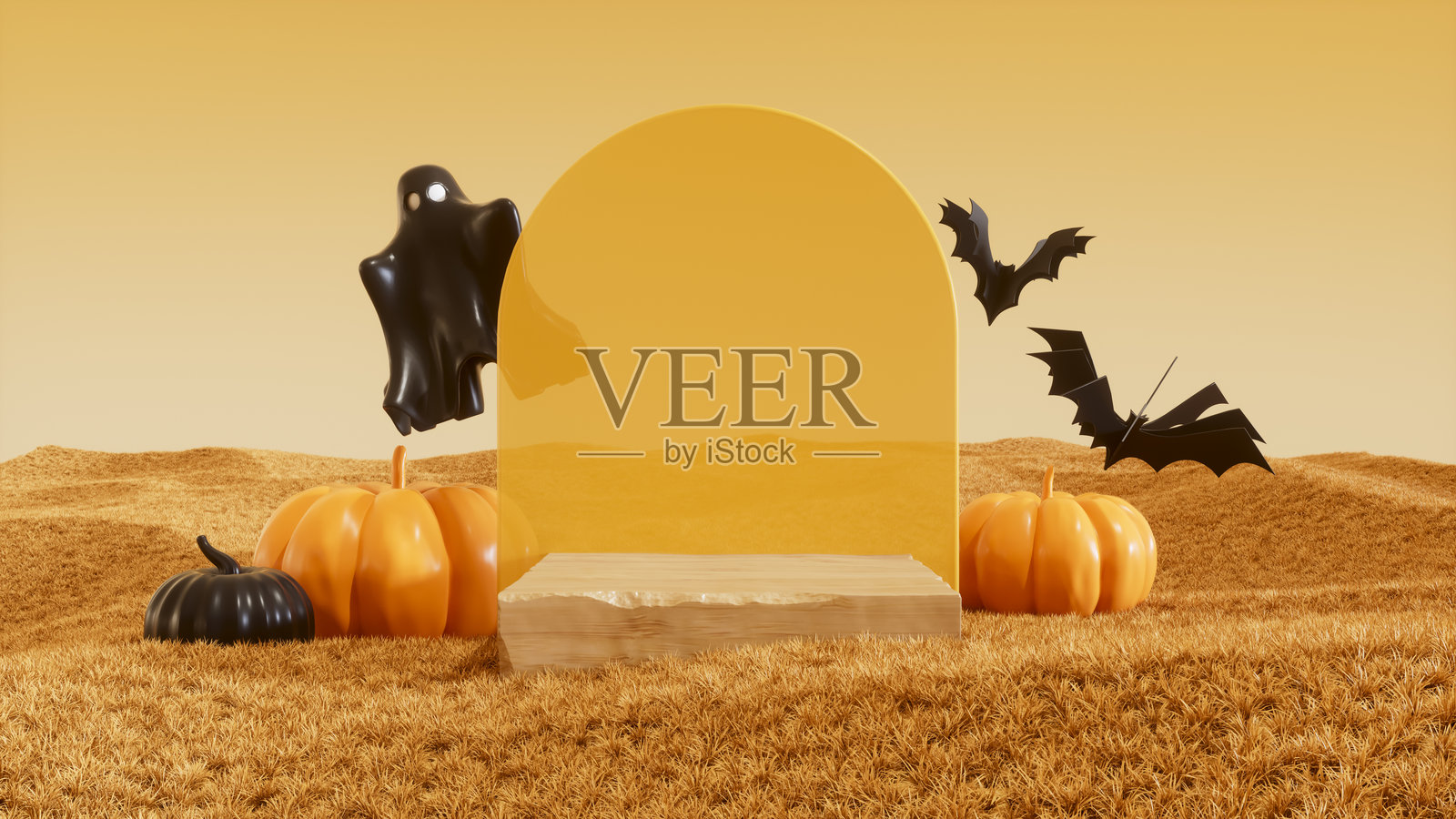 秋季风景中的万圣节南瓜和空白讲台照片摄影图片