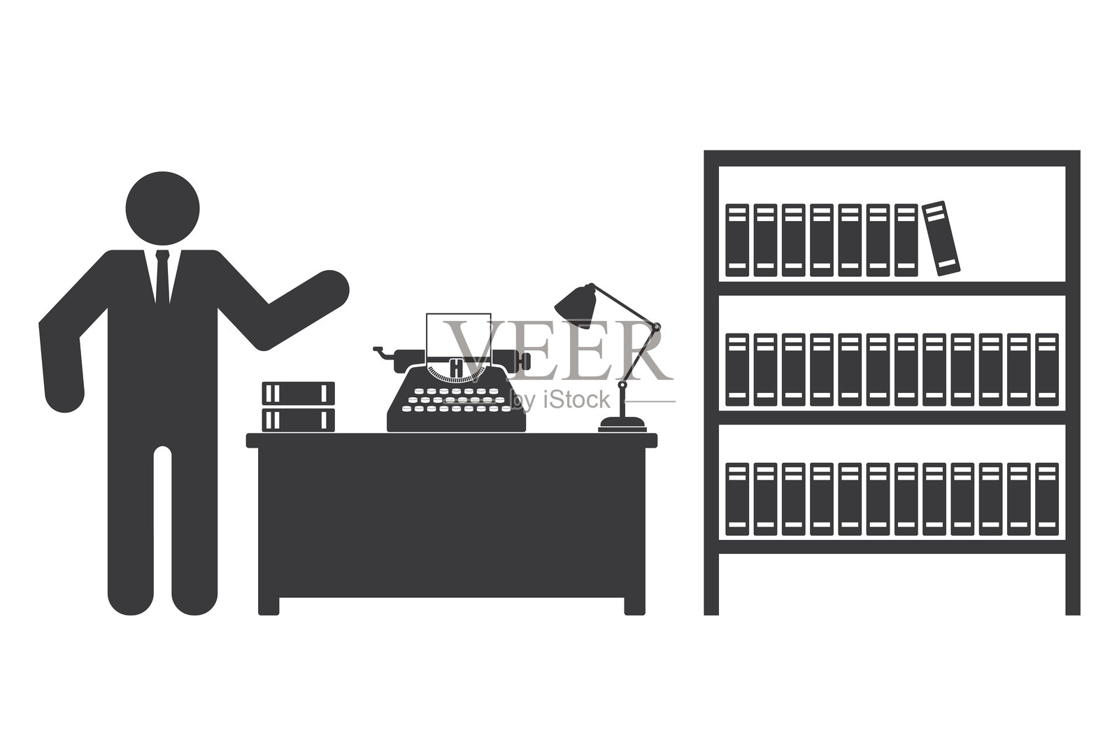 办公室里靠近桌子、打字机和书籍的商人插画图片素材