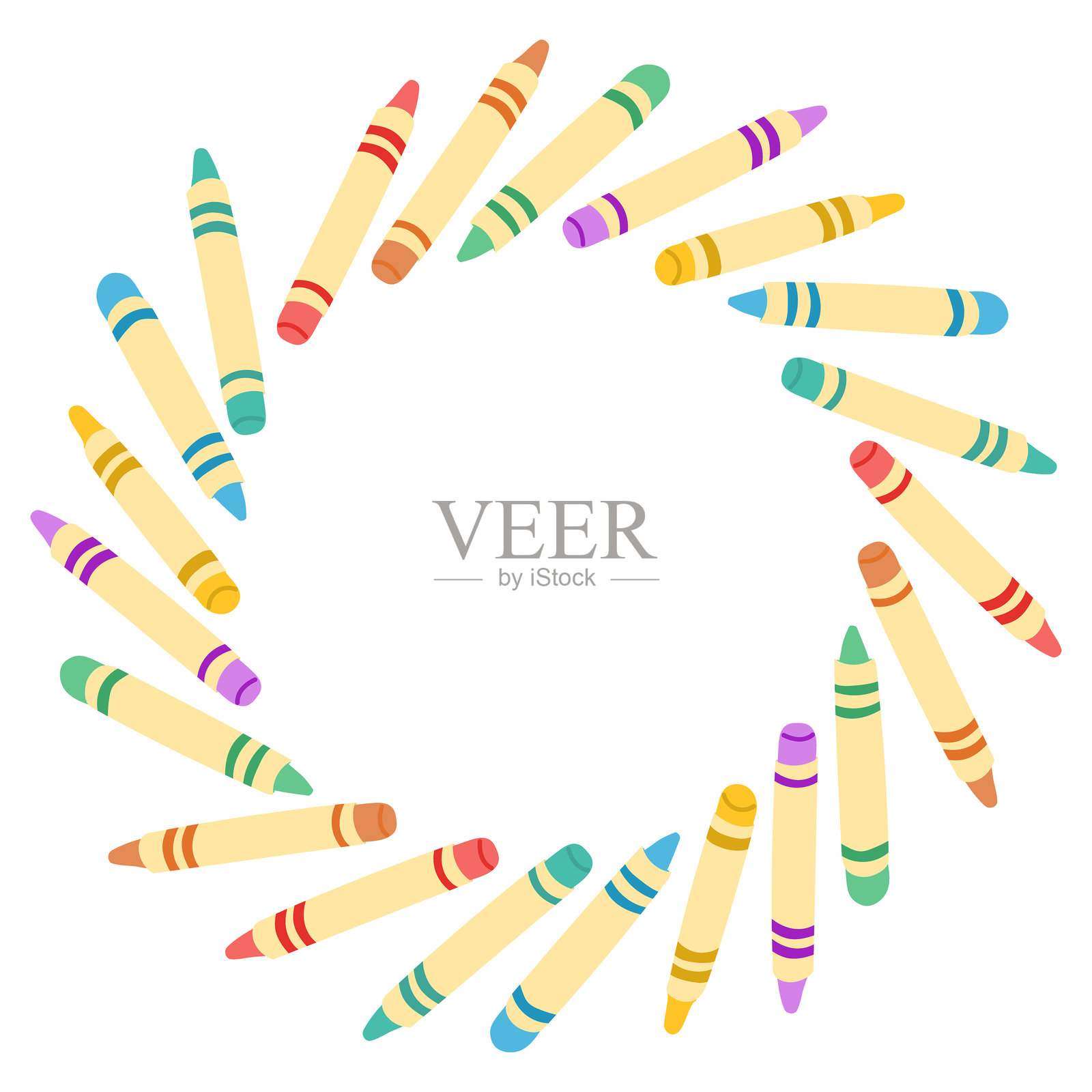 手绘矢量插图,色彩斑斓的蜡笔排列成圆形花环,中间留空。插画图片素材