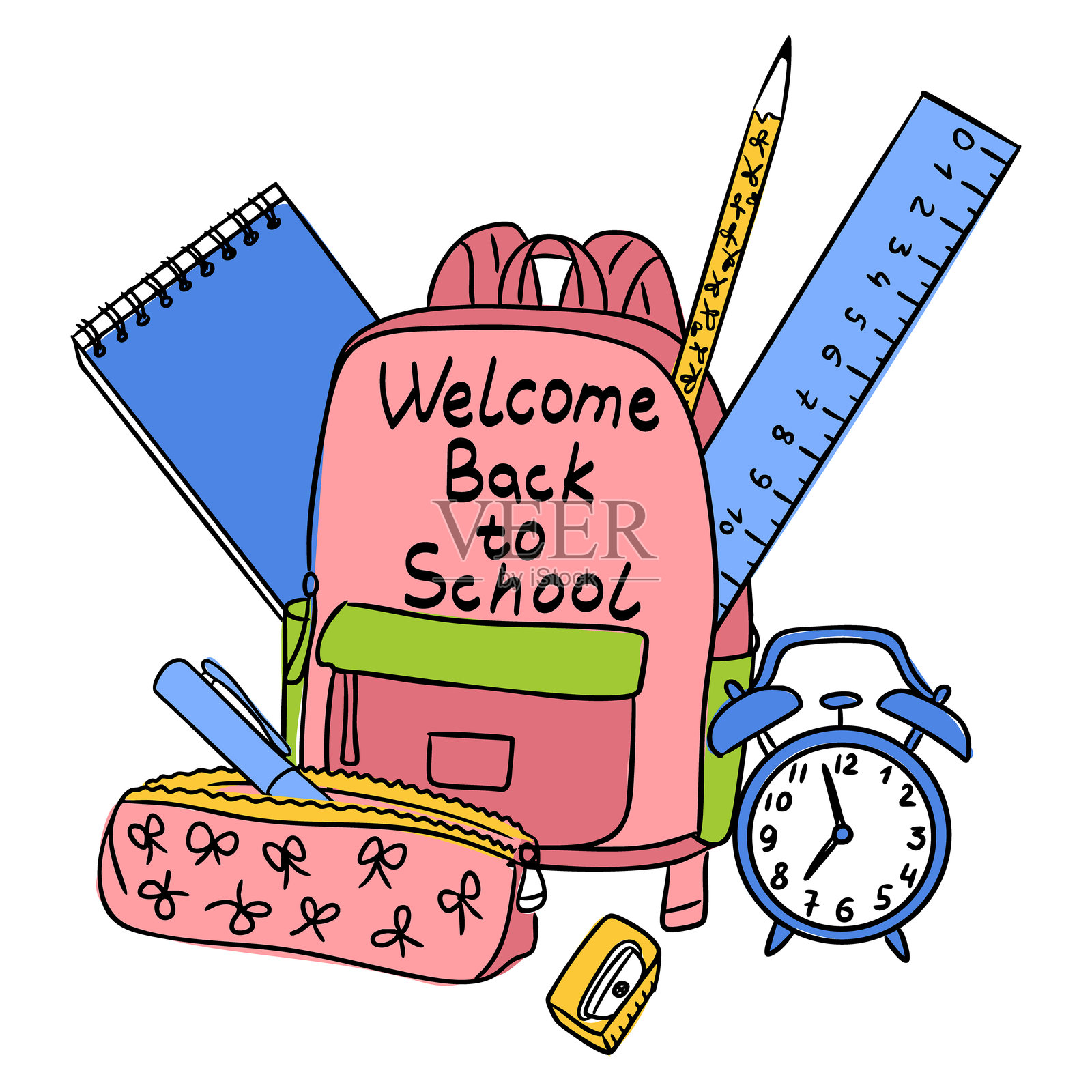 手绘矢量插图,包含书包、笔记本、尺子、铅笔和闹钟的文具用品插画图片素材