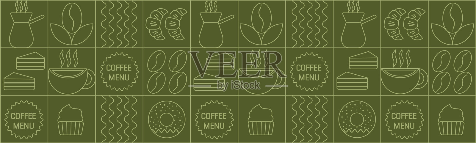 极简风格的几何咖啡图案。抽象印刷背景,包含简单形状,适用于咖啡店、食品包装、咖啡馆墙面和菜单。以咖啡为主题的块状插图,包含咖啡豆、杯子和其他相关元素。插画图片素材