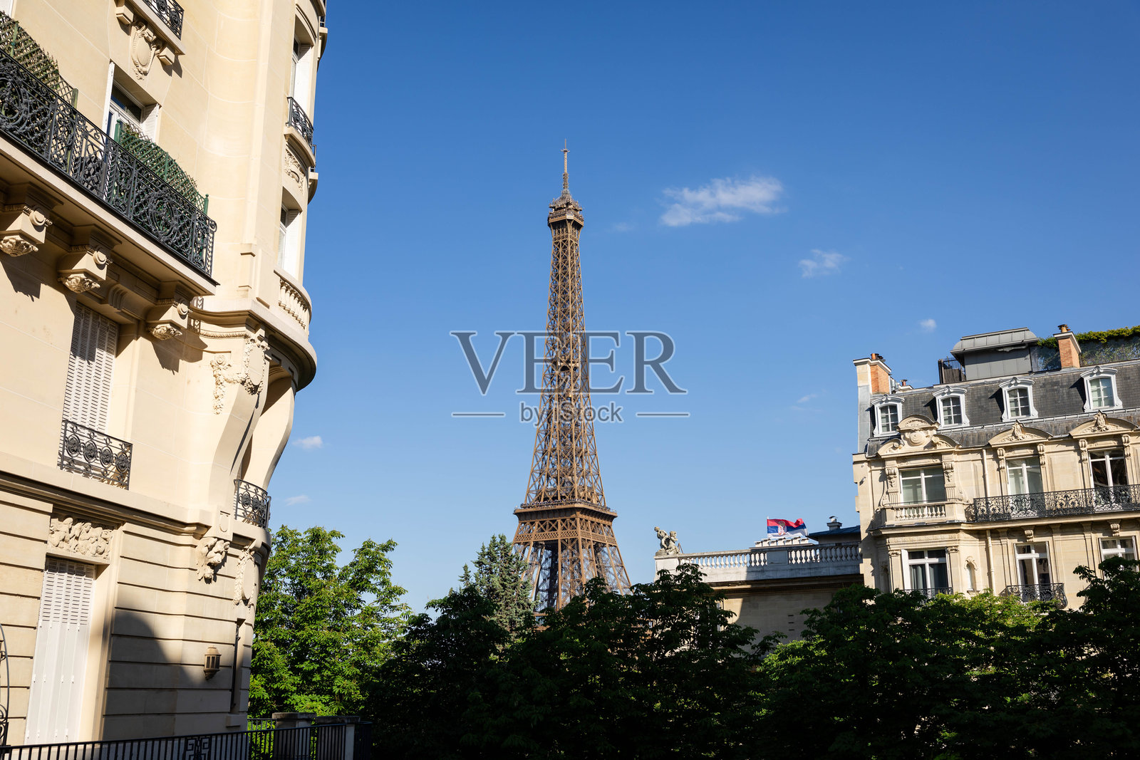 巴黎优雅:经典奥斯曼建筑下的埃菲尔铁塔景观,阳光明媚的日子照片摄影图片