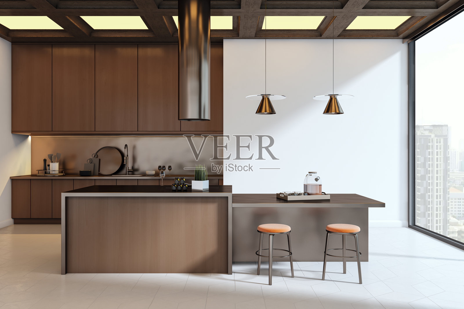 现代奢华厨房室内,配有木质橱柜、岛台、吧台椅和大型窗户,展示明亮的城市景观和优雅的天花板设计。3D渲染图照片摄影图片