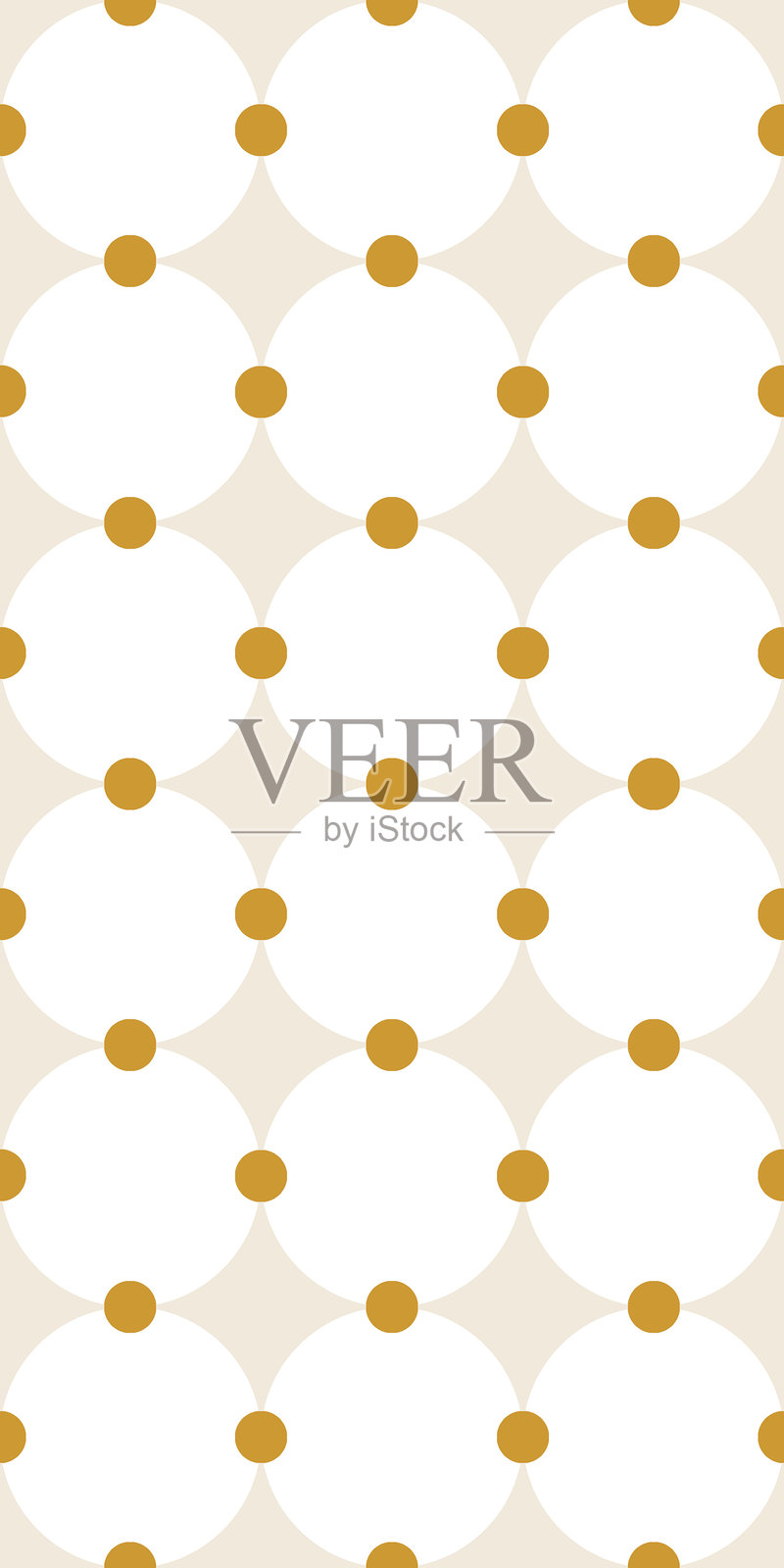 无缝矢量图案,带有大胆的白色圆圈和芥末黄色波点,背景为柔和的米色,复古几何设计,适用于包装、织物、墙纸表面和重复背景。插画图片素材