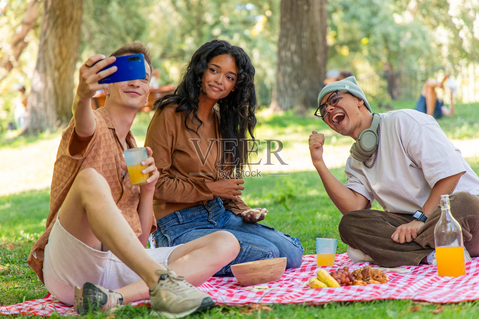多元文化的朋友们在公园野餐时自拍照片摄影图片