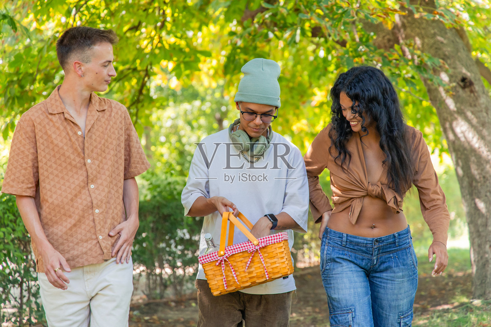 多种族的年轻朋友在公园里提着野餐篮照片摄影图片