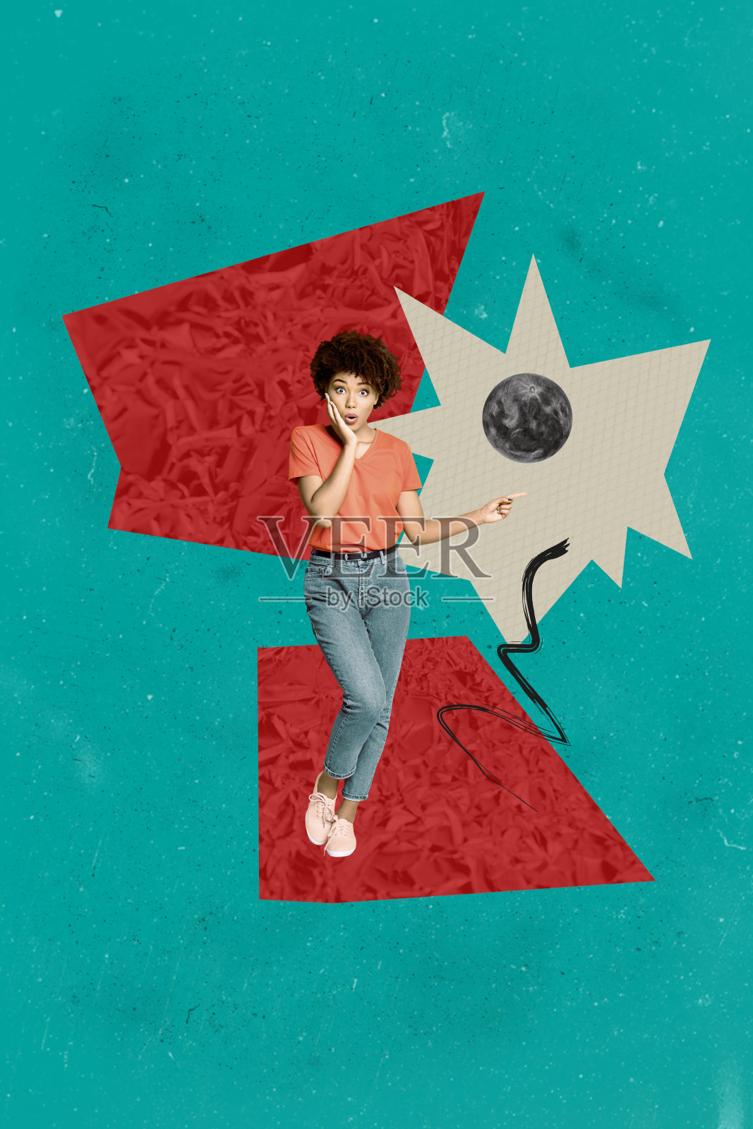 垂直的3D海报艺术拼贴,快乐的女孩和男孩站在太空、银河、月球、行星、宇宙探索的外太空画作中,天文学主题。照片摄影图片