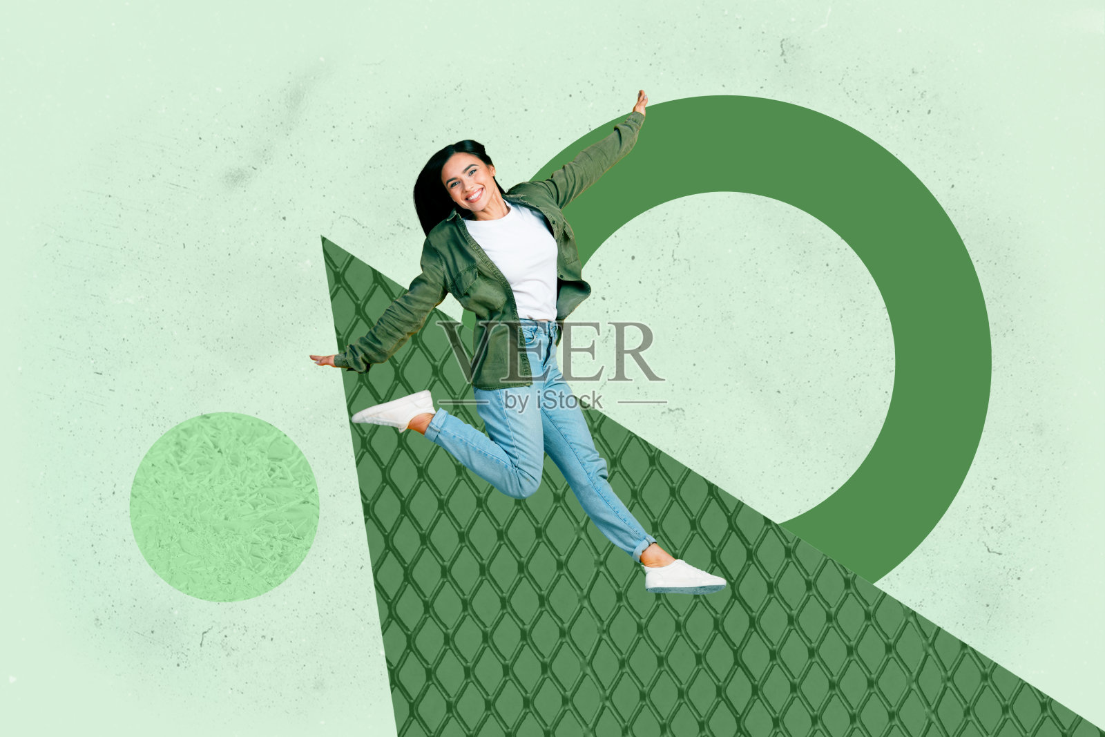 快乐的女商人与男商人收到职业发展目标成就的海报艺术拼贴,涂鸦成功概念照片摄影图片