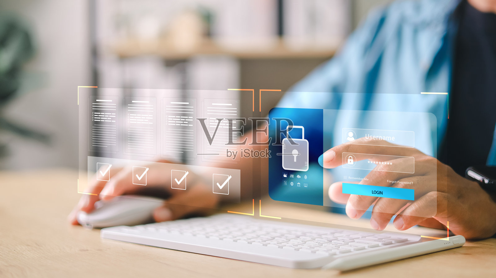 特写镜头显示手部使用电脑,虚拟登录界面和检查清单验证叠加。网络安全、多因素认证和安全访问的概念。照片摄影图片