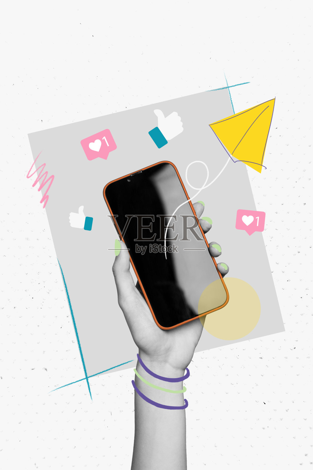 女性手持手机屏幕的垂直照片拼贴,像是在写反应论文的博客,纸飞机信使,背景为涂鸦风格。照片摄影图片