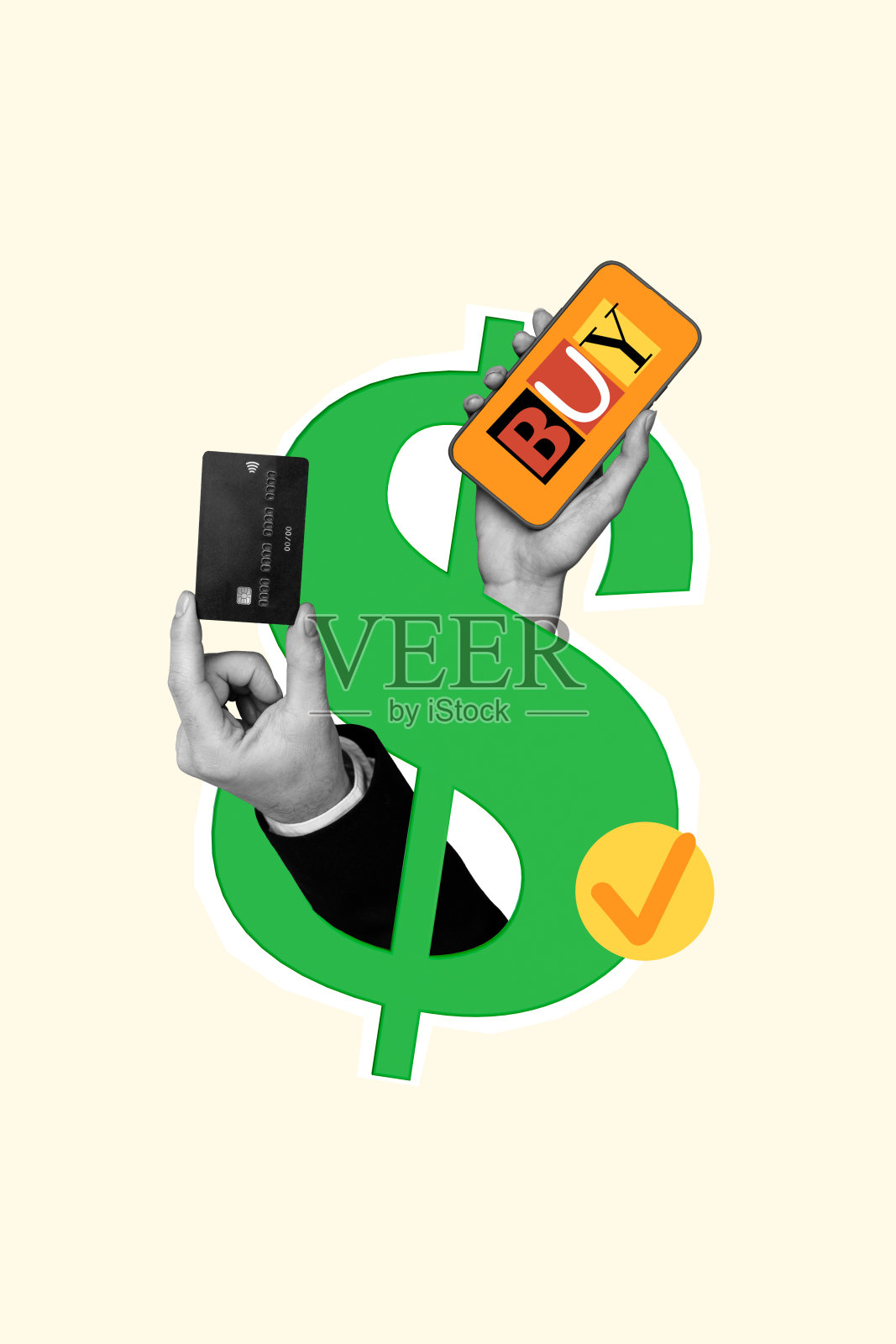 垂直照片拼贴,手持iPhone设备在线购物,浪费美元,购物狂,信用卡支付,孤立在涂鸦背景上。照片摄影图片