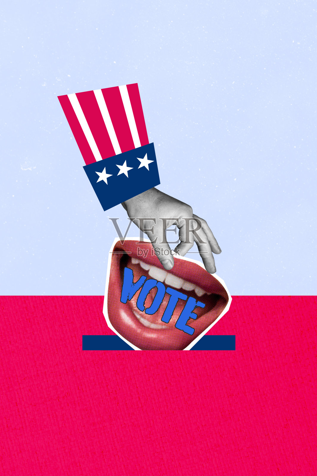 选举选择民主手势的综合趋势艺术作品草图拼贴,展示美国袖子手持嘴巴投票的姿势。照片摄影图片