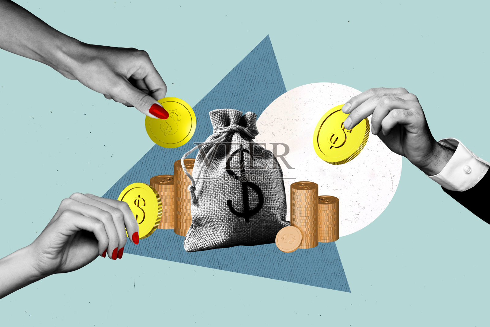 复合照片拼贴,手握美元硬币,象征商业成功、交易、利润、贿赂和支付,背景为涂鸦风格。照片摄影图片