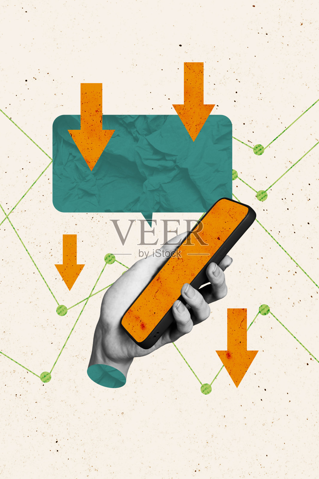 垂直照片拼贴,手持iPhone设备,显示新消息,破产、通货膨胀、箭头向下、问题、损失,背景为涂鸦风格。照片摄影图片