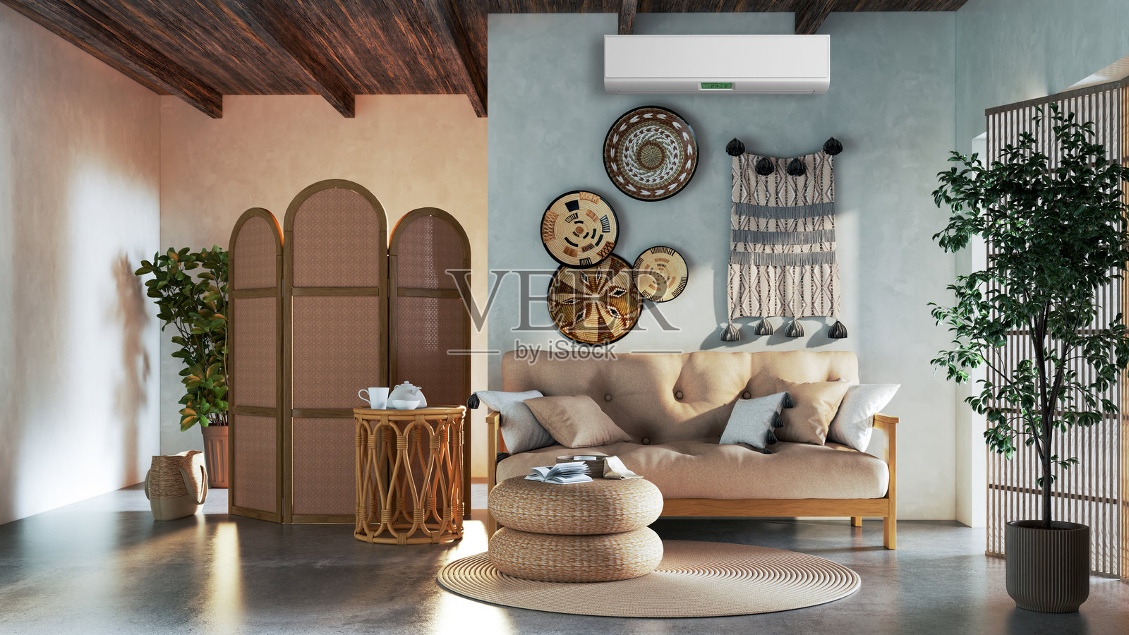 现代明亮的室内房间,配有空调和遥控器插图 3D 渲染照片摄影图片