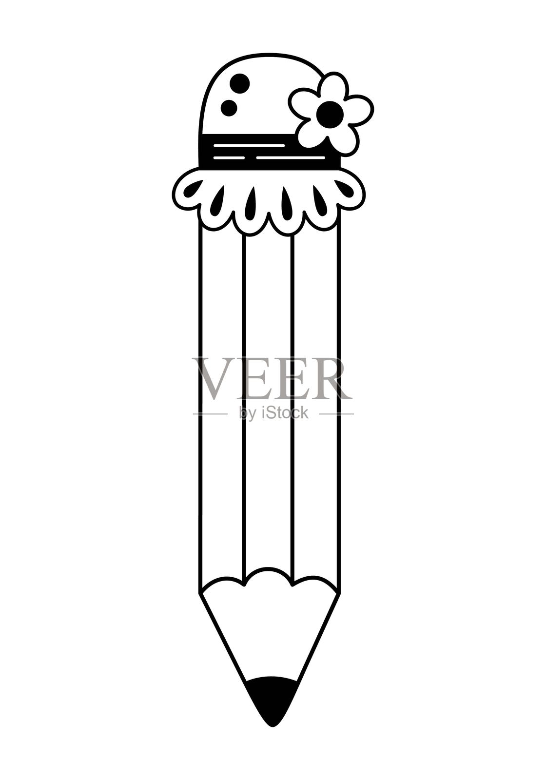 黑白色的调皮铅笔剪贴画,可爱的教师铅笔涂鸦,回到学校的手绘矢量插图,扁平风格插画图片素材