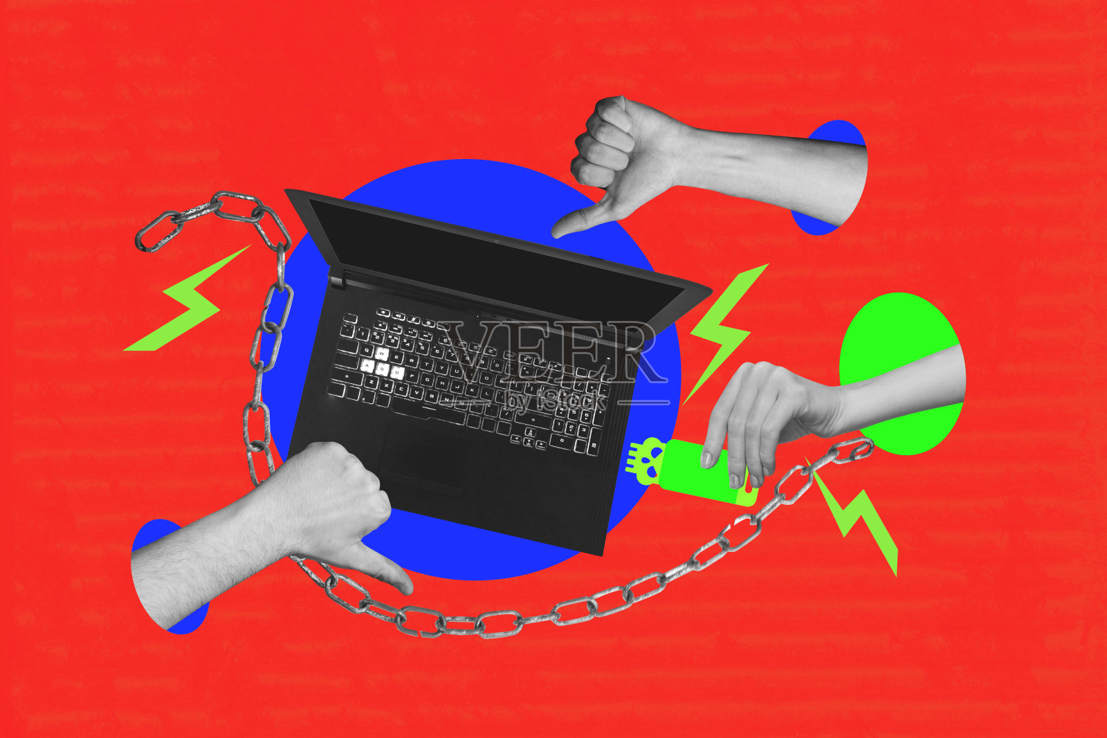 人手持笔记本电脑的合成杂志流行趋势拼贴,监禁USB间谍保护的全视之眼照片摄影图片