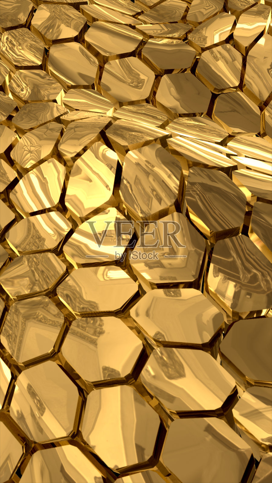 抽象的3D表面由光滑的金色多边形组成,形成无缝的不规则图案,具有反射金属质感。照片摄影图片