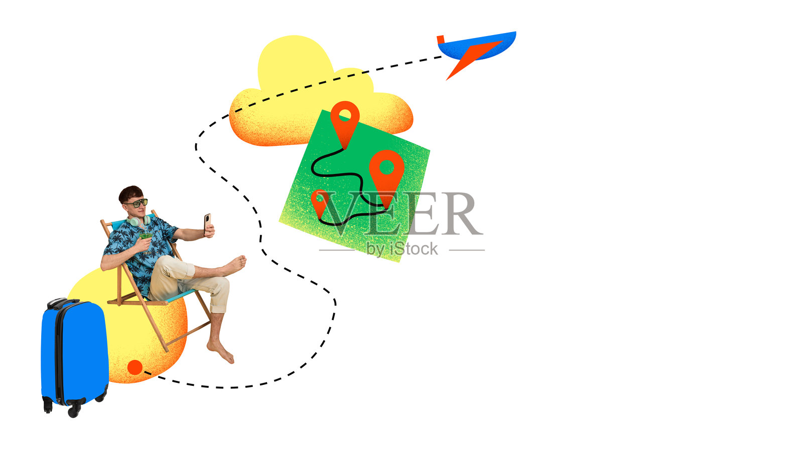 现代数字艺术作品,描绘了一位戴着太阳镜的放松游客,正在使用智能手机查看路线图,头顶有一架飞机。照片摄影图片