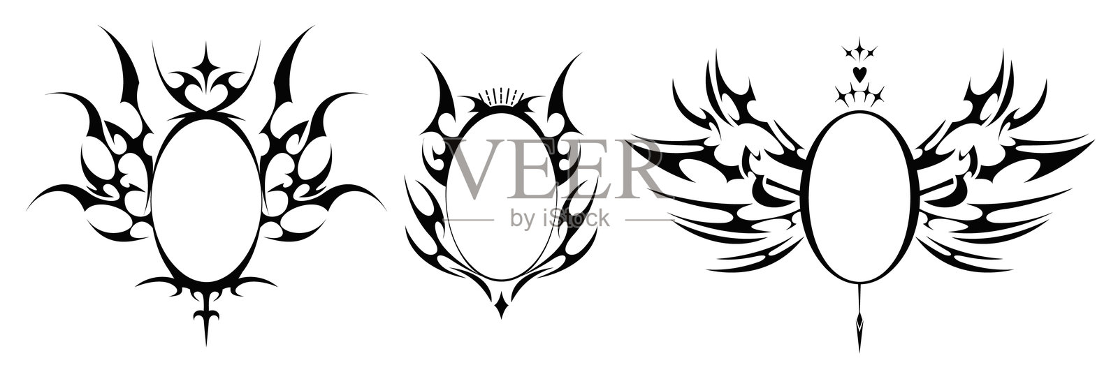 哥特式椭圆框饰品,带有部落风格的翅膀插画图片素材