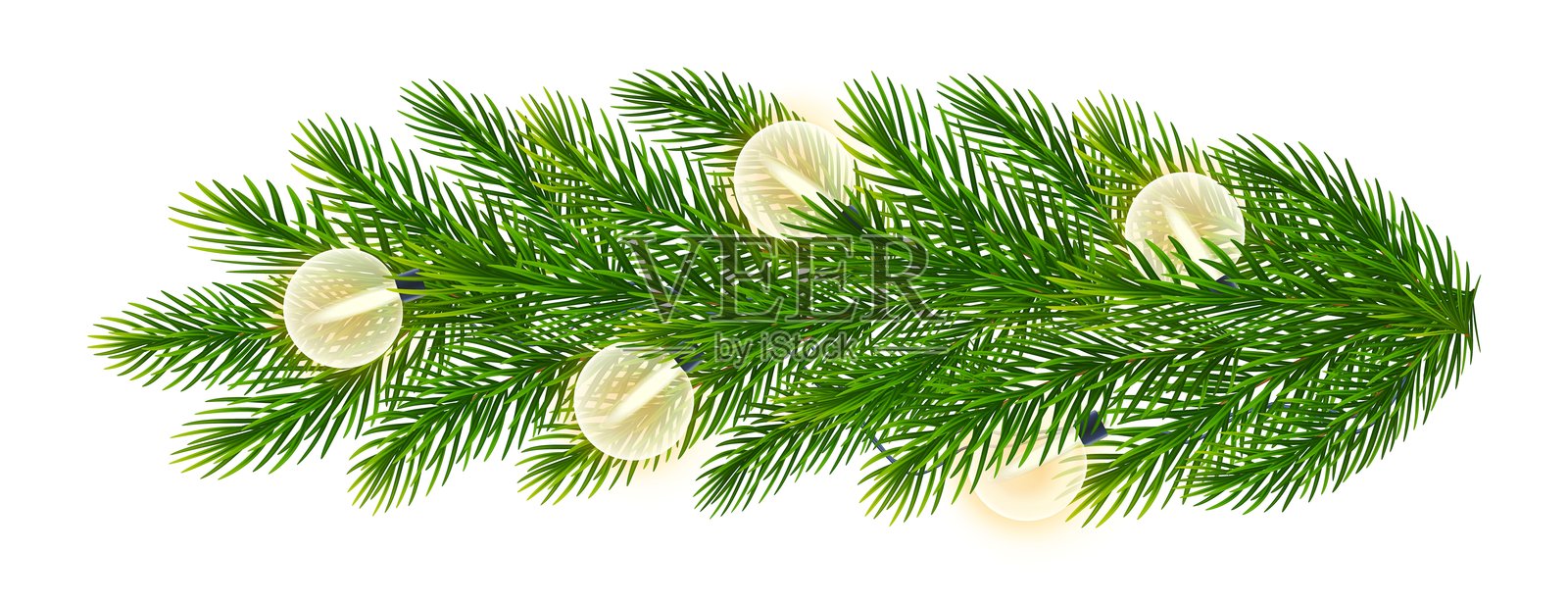 真实的绿色冷杉树边框,针叶树枝,带有明亮灯光的云杉小枝。用于节日新年、圣诞节、庆祝设计的矢量圣诞树枝和灯串圆球。插画图片素材