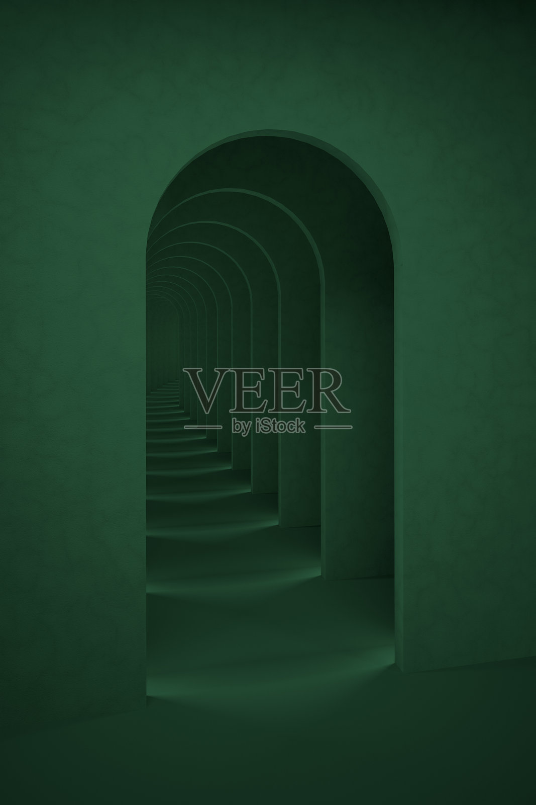 翡翠绿色超现实抽象背景。拱形走廊青绿色背景,3D渲染插图照片摄影图片