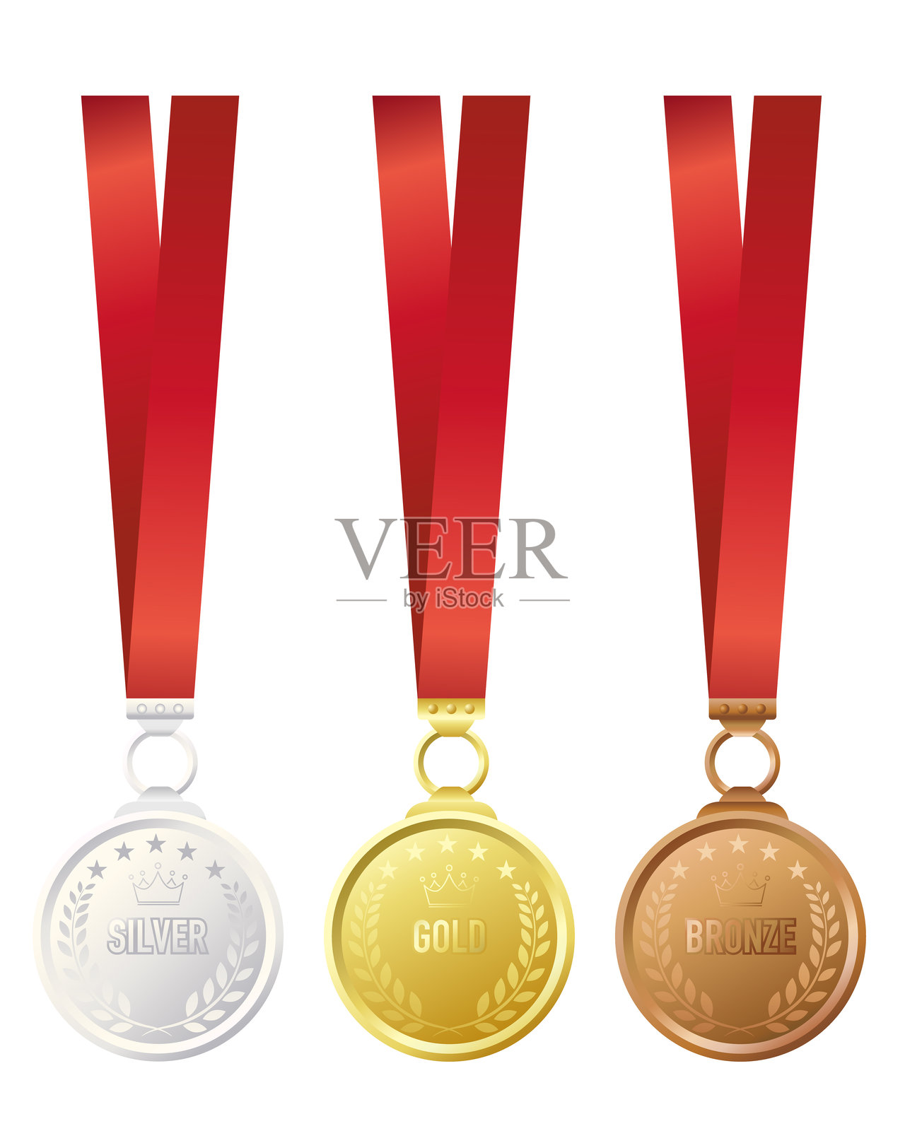 带有红色丝带装饰的插图套件,包含金、银和铜奖牌。插画图片素材