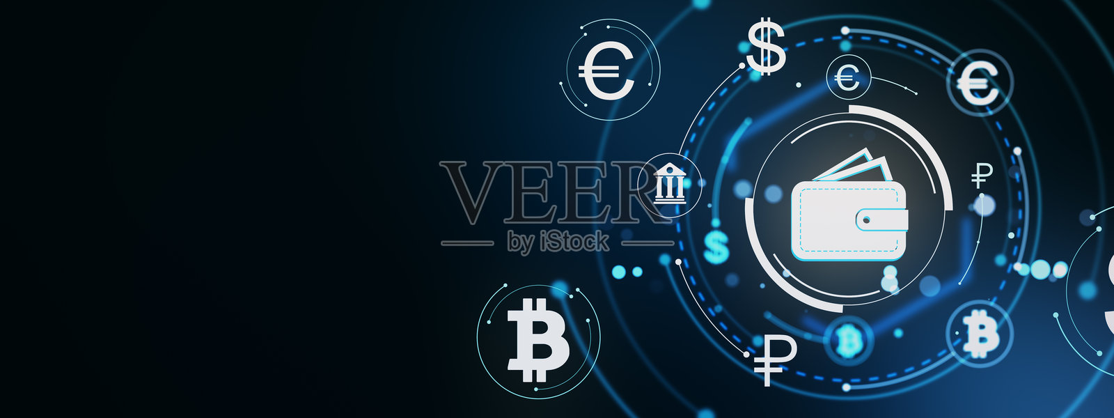 数字钱包图标被加密货币和全球货币符号环绕,背景为未来感的发光网络,适用于金融和区块链概念。3D渲染。照片摄影图片