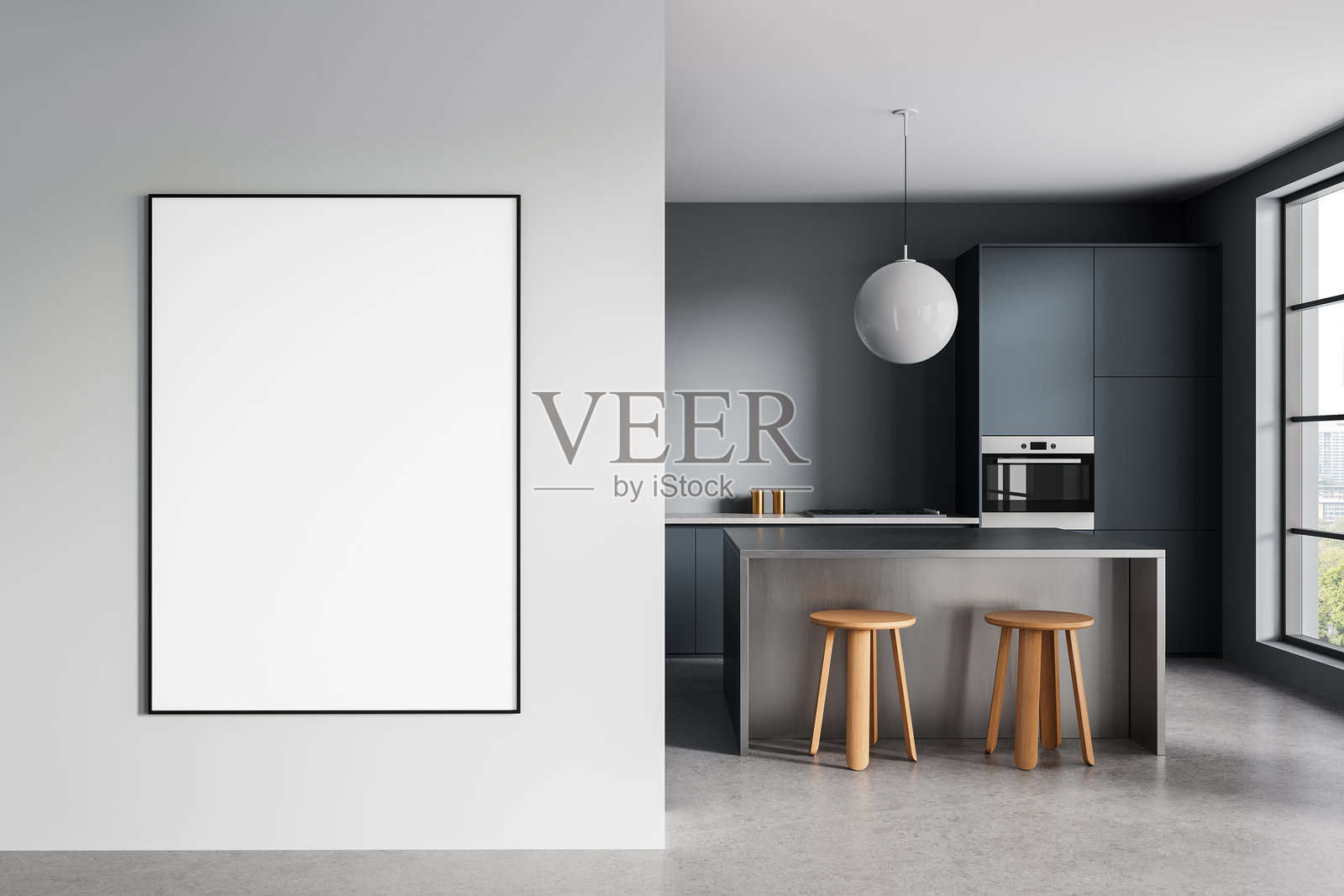 现代厨房室内,白色墙壁旁有空白的垂直海报模型,岛台旁配有凳子和吊灯,日光照射下的场景。3D渲染。照片摄影图片