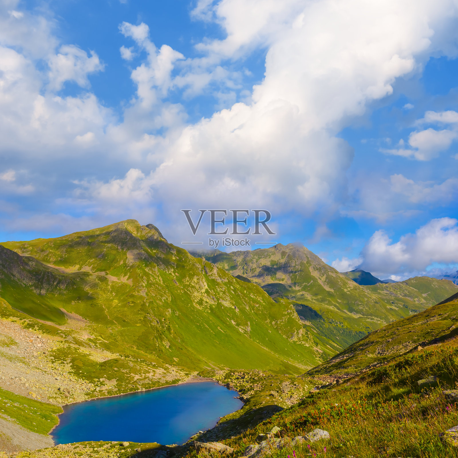 夏季山谷中绿意盎然的小蓝湖照片摄影图片