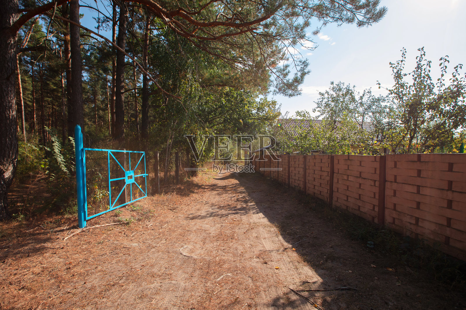 一条道路穿过一个荒凉的夏季小屋村庄的风景。照片摄影图片