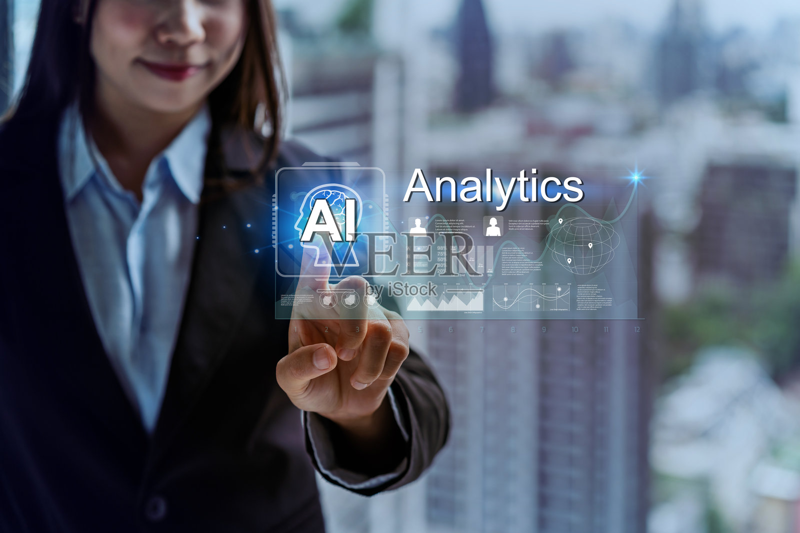 女商人利用人工智能技术分析数据,进行商业规划和市场运营照片摄影图片