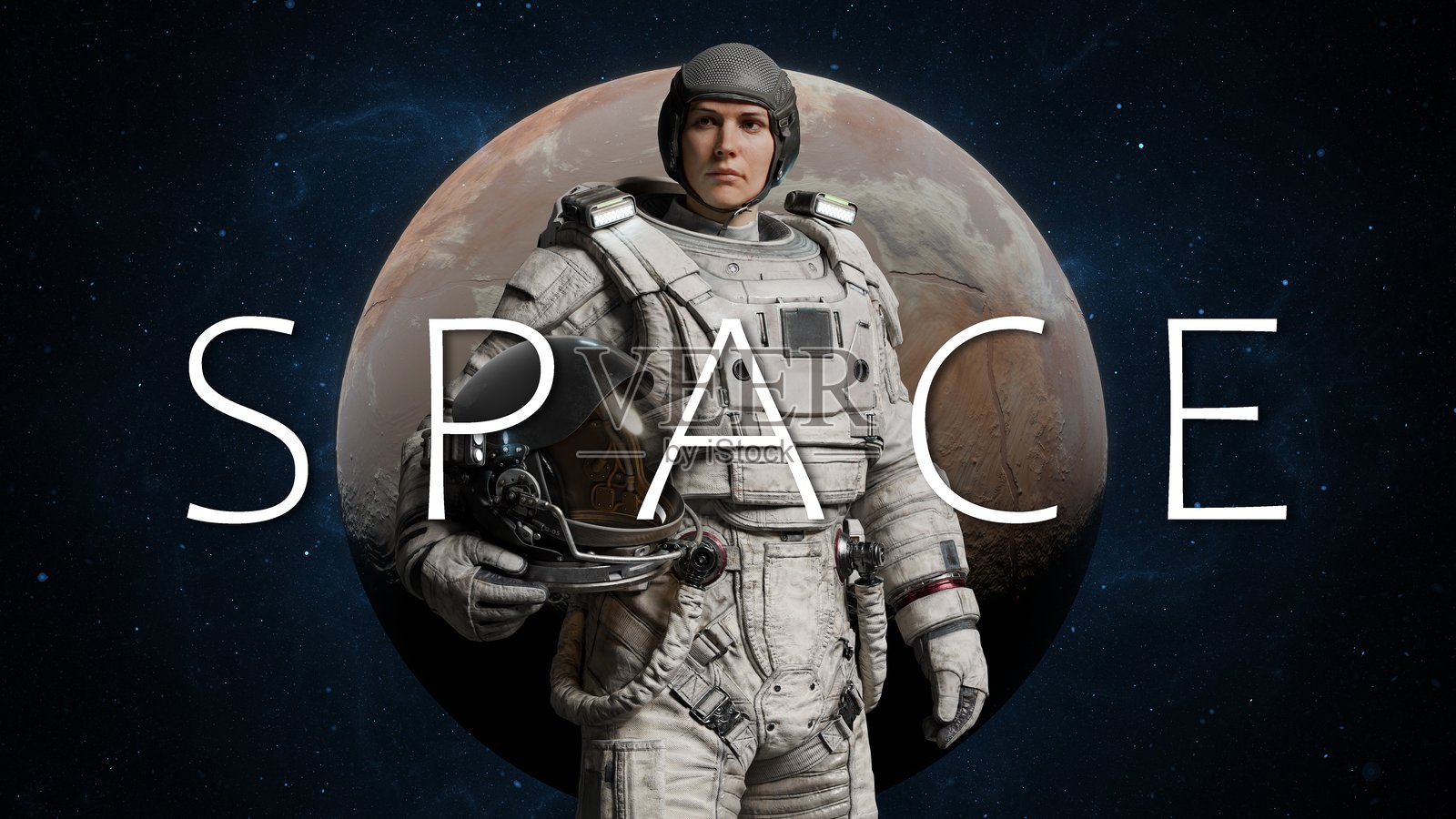 身穿白色宇航服的宇航员手持头盔,站在一幅大型火星图像前。背景是黑暗的星空,突显了宇宙的广袤。3D渲染。照片摄影图片