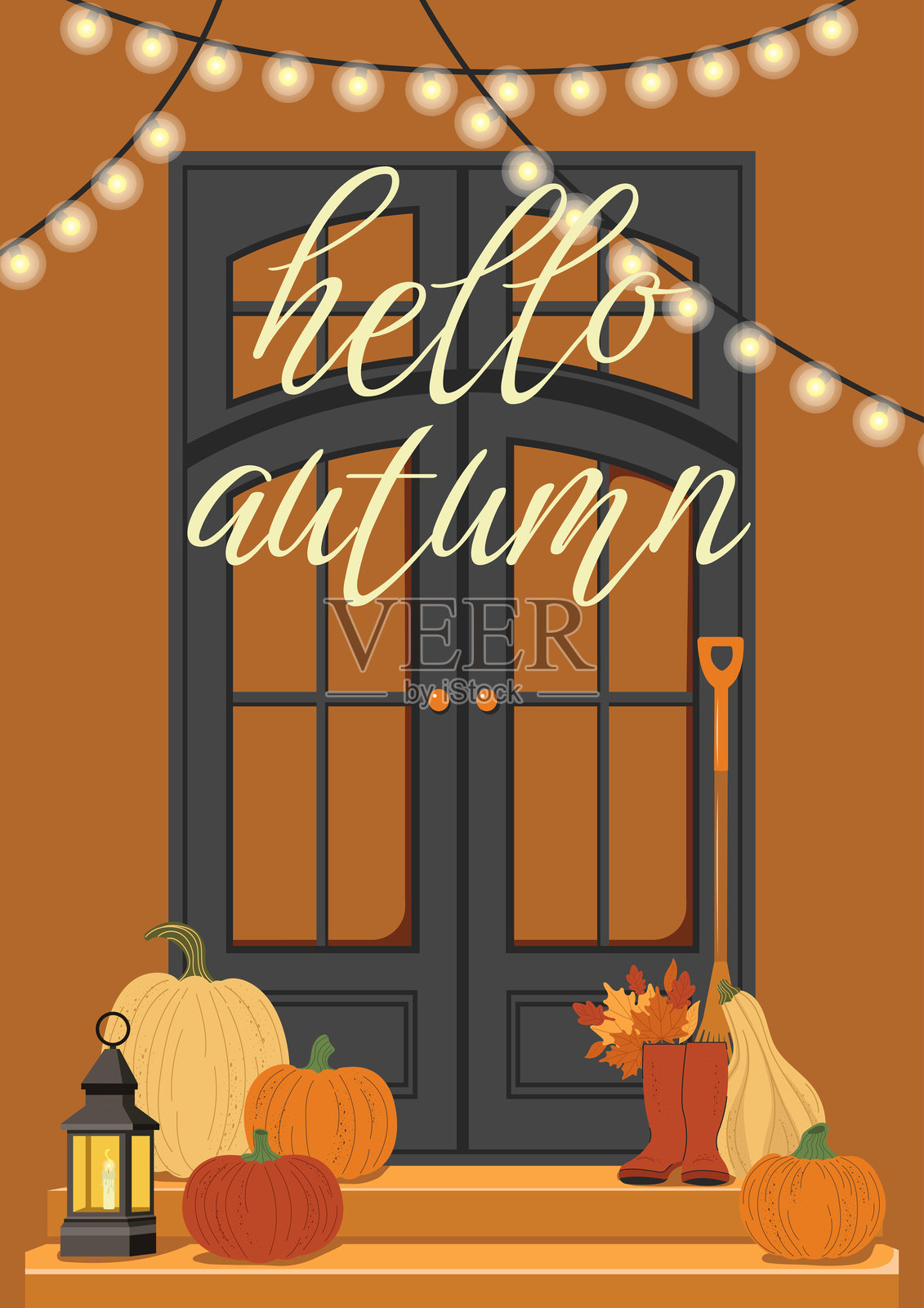 你好,秋天。用秋季装饰、南瓜、花环和灯笼装饰房子的门廊。明信片的矢量平面图。插画图片素材