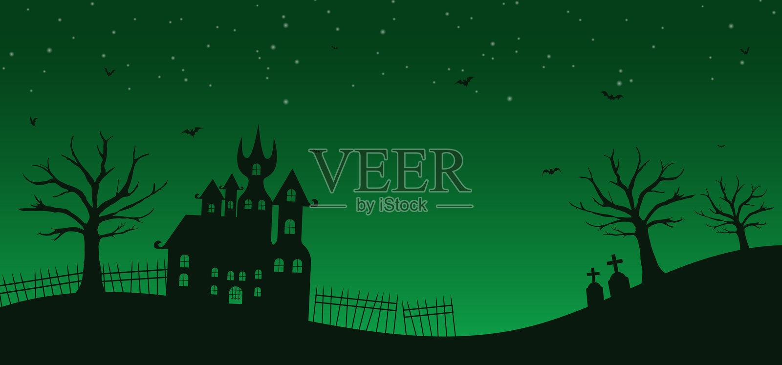 黑色万圣节夜晚的剪影人物,背景为绿色插画图片素材