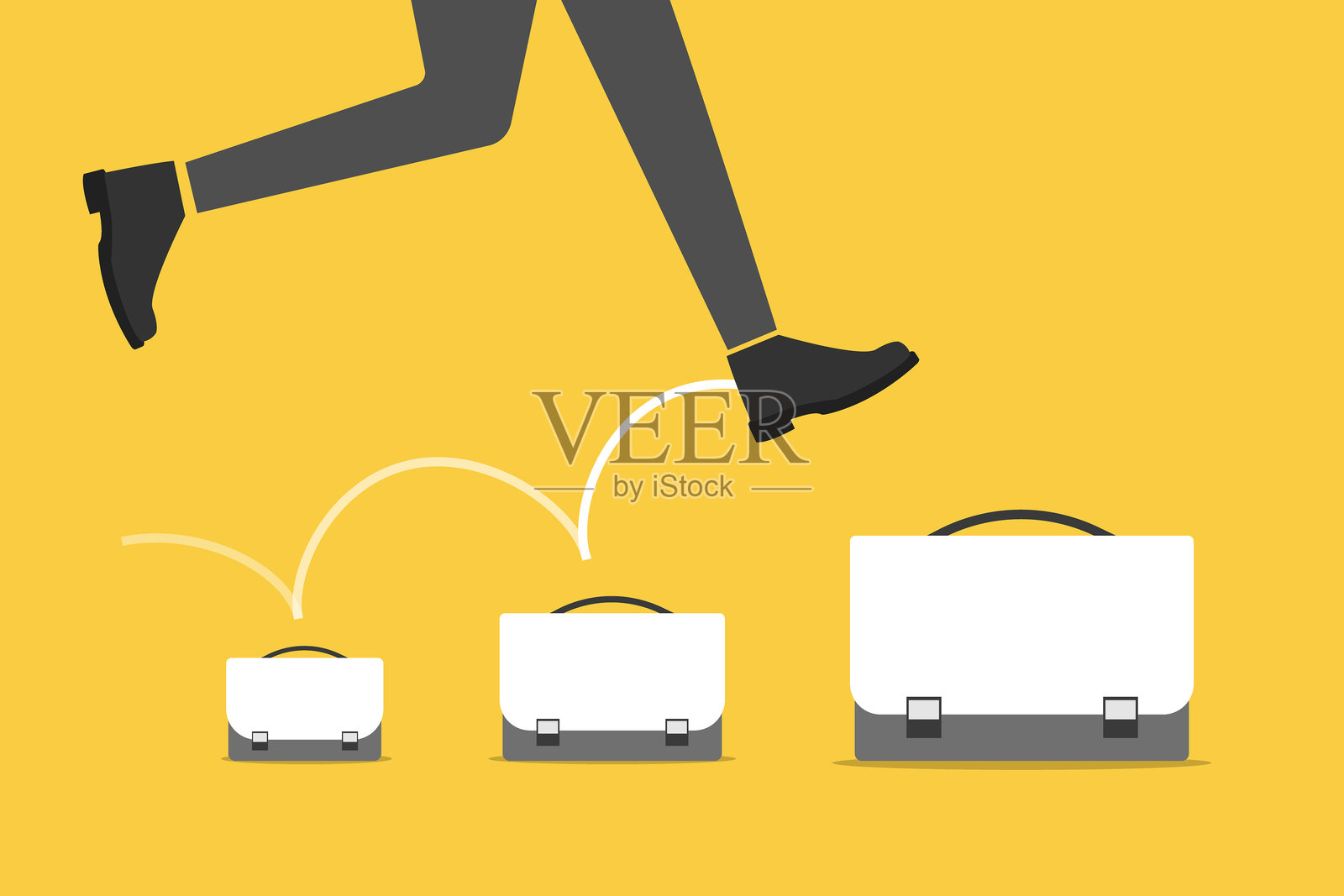 商人从小办公包跳到大办公包。职业成长发展计划,职位晋升。插画图片素材