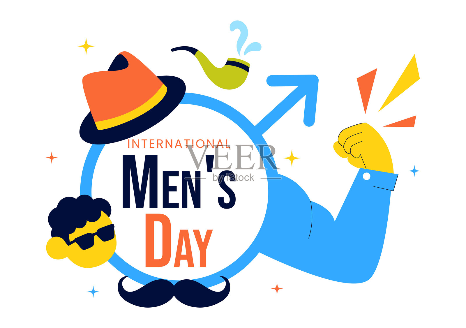 国际男性节矢量插图,日期为11月19日,展示了领带、胡须和男性符号等男性配饰,背景为平面设计。插画图片素材