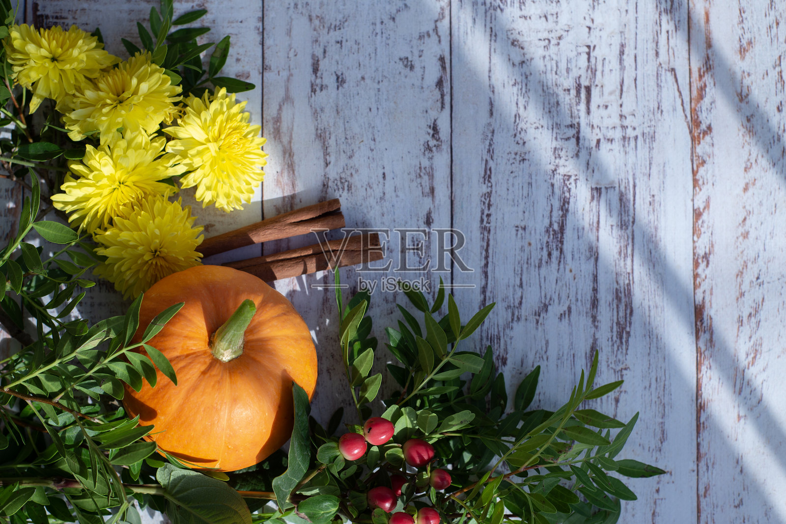 秋季明亮的彩色背景,包含南瓜、黄色花朵和绿色枝条的组合,放置在木桌上照片摄影图片